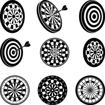 Dart Board Silhouette, Dartboard, and Target Shooting Set. vector