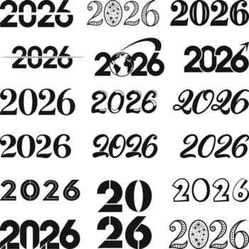 2026 Happy New Year logo text design Set. 2026 number design template. Collection of Happy New Year 2026 symbols. illustration with black isolated on a white background. vector