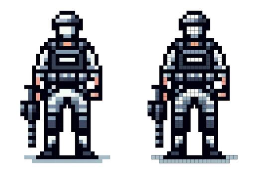 A pixel art character stands in tactical gear, holding a futuristic weapon. The digital figure displays a unique design, embodying the essence of retro gaming graphics vector