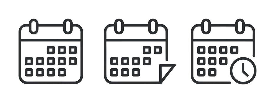 Minimalist Calendar Icon Set with Clock and Page Curl on White Background vector