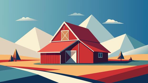 A red barn in the mountains with a mountain in the background vector