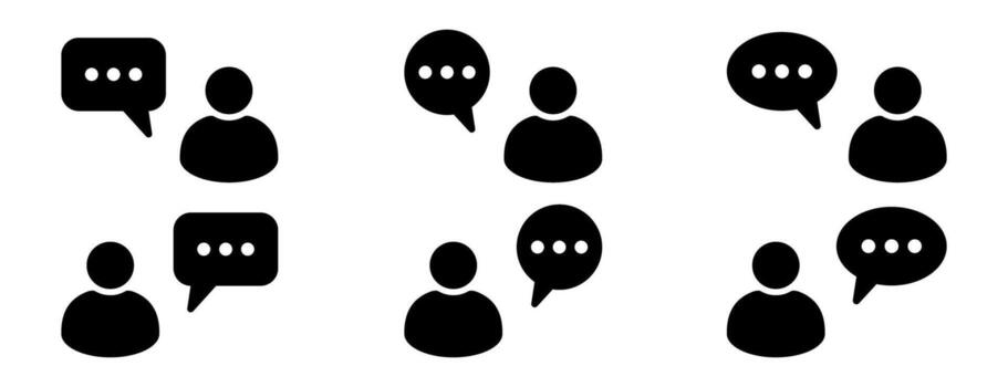 People with chat bubbles icon set, communication silhouette design, user and speech balloon pictogram collection, social media dialogue, online conversation and message symbol illustration for apps vector