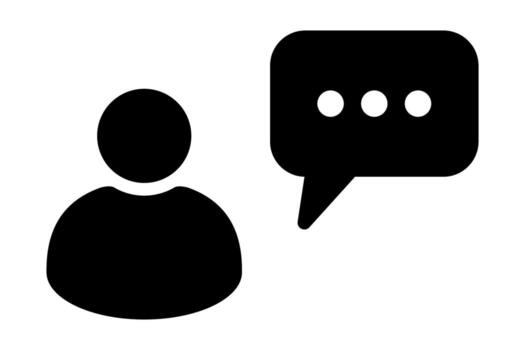 User with chat bubble icon, person silhouette with message symbol, communication pictogram, social media conversation design, online dialogue and feedback graphic element for apps and web interfaces vector