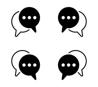 Chat bubble icon set with overlapping speech balloon symbols, minimal black and white communication pictograms, dialogue design elements for web, mobile app, social media, conversation interface vector