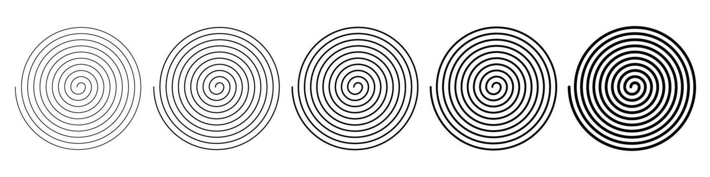 espiral iconos editable ataque. conjunto de cinco negro espiral línea patrones, resumen circular remolino recopilación, hipnótico vórtice diseño elementos, geométrico concéntrico rotación formas para decoración y Arte vector