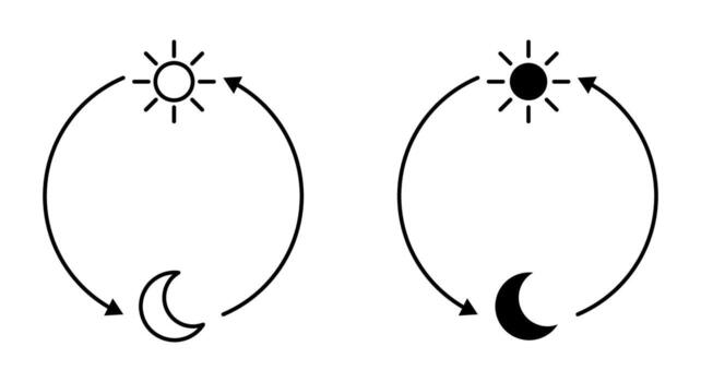 Day and night cycle icon with sun and moon, time concept with arrows, daily routine symbol, day change illustration, simple black and white pictogram for schedule, calendar and nature design elements vector