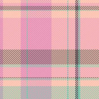 Pastel plaid pattern. Tartan textile design with pink, peach, grey, and mint colors. Ideal for backgrounds, fabrics, or abstract design projects needing a soft, textured feel. vector