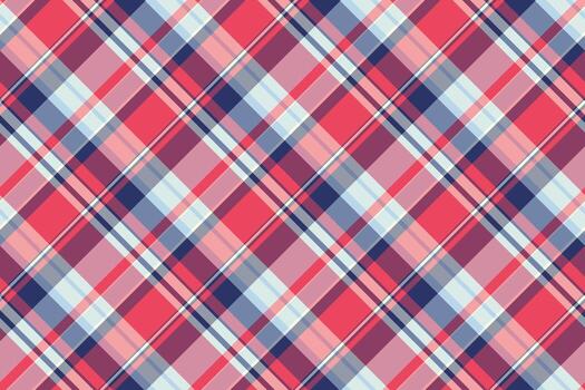 Vibrant diagonal plaid pattern featuring a blend of red, pink, blue, and white hues. Ideal for backgrounds, textiles, design elements, and creative projects needing a classic texture. vector