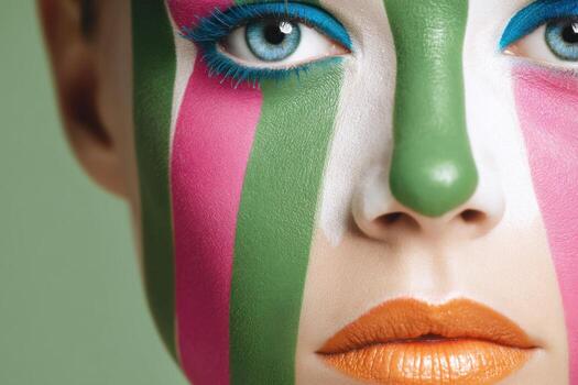 Digital surrealism portrait of a model with vibrant face paint in bold colors, showcasing artistic expression and creativity in a captivating visual composition photo