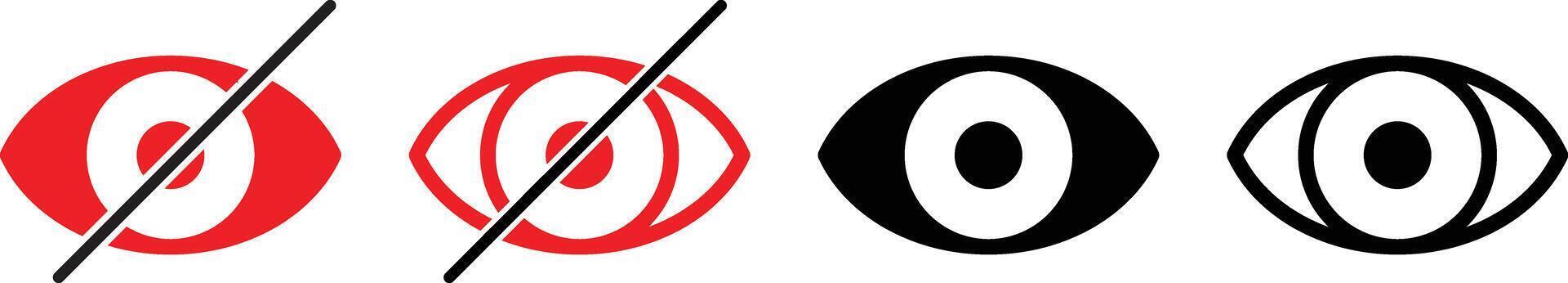 ver y no ver ojo icono. vista símbolo. retina escanear ojo señales. intimidad y bloquear plano o línea recopilación. diferente ojo formas son mostrado en rojo y negro vector