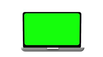 Animation of a laptop computer sliding into frame. The device features a green screen for chroma key compositing. Clean, minimalist 2D graphic on a white background video