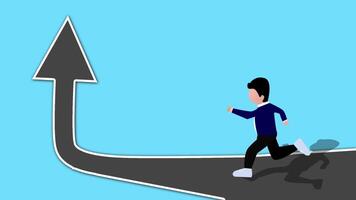 animering av en tecknad serie man löpning på en väg den där former ett uppåt pil. de karaktär visas och kör kontinuerligt. minimalistisk 2d grafisk med en papper Skära ut stil på en blå bakgrund. video