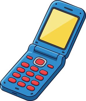 Flip phone with blue body and red buttons open showing yellow screen illustration technology communication device retro style vector