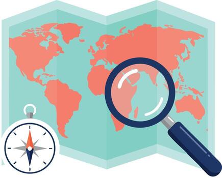 World map with magnifying glass and compass navigation tools for travel and exploration illustration vector