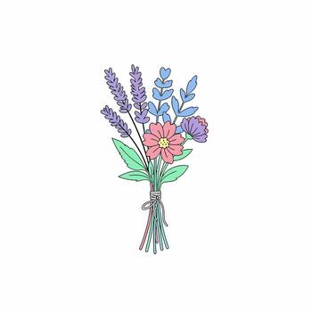 dibujado a mano ramo de flores de vistoso flores y lavanda atado con cadena. vector