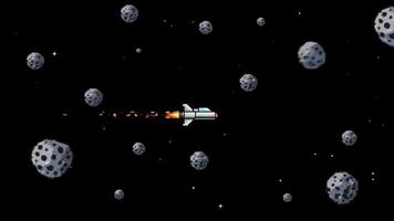 Pixel art spaceship navigating through a dense asteroid field in the vast expanse of deep space, a retro 8-bit game inspired illustration of a rocket journey video