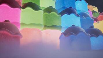 vibrerande staplade gelatinös strukturer en lekfull visa av färger och former skapande en drömlik, flytande palats estetisk video