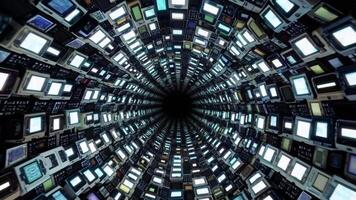 dynamisk visuell sekvens av upplyst skärmar spiralformad in i en mörk virvel, visa upp en fascinerande tunnel av teknologi och innovation i rörelse video