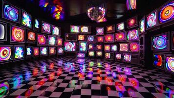 Vibrant room filled with retro televisions displaying colorful swirling patterns, reflecting light on checkered floor, creating a dynamic visual experience in a captivating atmosphere video