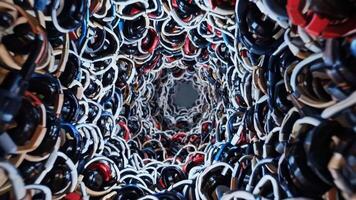 Abstract visual sequence showcasing a dynamic tunnel of intertwined colorful headphones, illustrating depth and movement through a vibrant, intricate design video