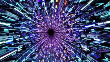 dynamisk visuell resa genom en vibrerande tunnel av färgrik lampor och former, visa upp en kontinuerlig strömma av energi och rörelse i en fascinerande digital miljö video