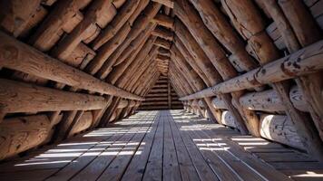 Interior view of a rustic wooden structure showcasing the intricate beams and planks, capturing the essence of traditional craftsmanship and architectural beauty in a continuous motion sequence video