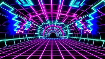 Futuristic neon tunnel with vibrant blue and pink lights, showcasing a dynamic motion sequence through a digital landscape, creating an immersive visual experience video