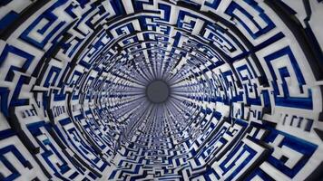 Spiraling tunnel with intricate blue and white geometric patterns, creating a mesmerizing visual journey through a dynamic, abstract space with depth and movement video