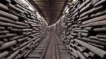 trä- tunnel med böjd väggar och upplyst tak, visa upp en kontinuerlig väg av trä- balkar och spår, skapande ett uppslukande resa genom de rustik miljö video