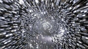 dynamisk rörelse sekvens genom en skimrande tunnel av reflekterande ytor, visa upp de fascinerande strömma av ljus och textur i en fängslande visuell erfarenhet video