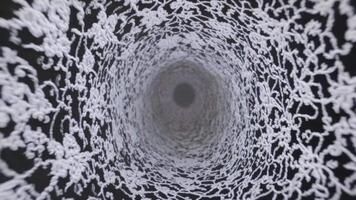 resumen visual secuencia exhibiendo intrincado blanco patrones en espiral dentro un oscuro túnel, ilustrando profundidad y movimiento mediante un continuo fluir de diseño elementos video