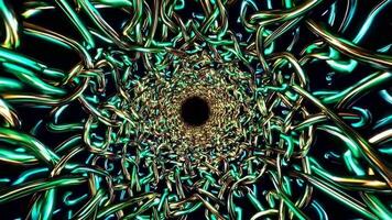 astratto vorticoso tunnel di intrecciate metallico fili, in mostra vivace colori e dinamico movimento, la creazione di un' ipnotizzante visivo Esperienza di profondità e flusso video
