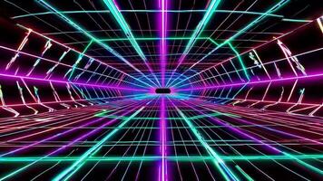 trogen neon tunnel med vibrerande blå och rosa lampor, visa upp en dynamisk rörelse sekvens genom en rutnät mönster, skapande ett uppslukande visuell erfarenhet video