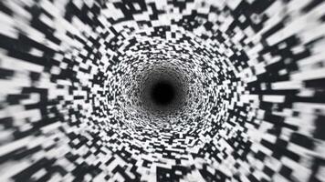 resumen visual secuencia representando un dinámica vórtice de negro y blanco píxeles arremolinándose interior, creando un fascinante túnel efecto ese sorteos el espectador dentro un cautivador movimiento experiencia video