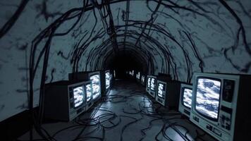 mörk tunnel med årgång TV-apparater visning statisk, upplyst förbi kusligt belysning, skapande en overkligt atmosfär av teknologi och förfall i en kontinuerlig rörelse sekvens video