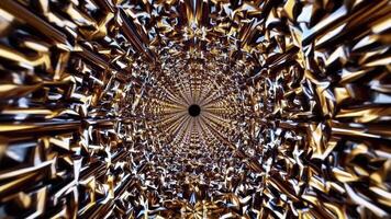 abstrakt visuell sekvens visa upp en fascinerande tunnel av metallisk texturer, med invecklad mönster och reflektioner skapande en dynamisk känsla av djup och rörelse genom hela de ramar video