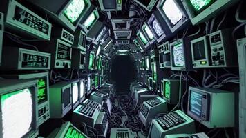 futuriste tunnel rempli avec ancien des ordinateurs et embrasé écrans, mettant en valeur une fascinant couler de numérique Les données et La technologie dans une captivant visuel périple video