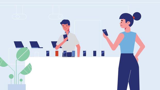 Modern Office Workers Using Smartphones in Tech Workspace vector