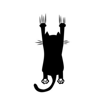 A humorous and cute black silhouette of a cat hanging from its sharp claws, with its paws outstretched and a playful, mischievous expression. vector