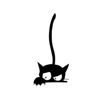 Playful black silhouette of a sneaky cat peeking with wide eyes and raised tail, adding fun and character to any design with its quirky and curious expression. vector