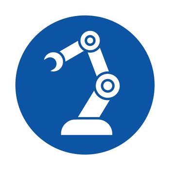 Industrial Robotic Arm Icon in Blue Circle for Automation and Technology vector