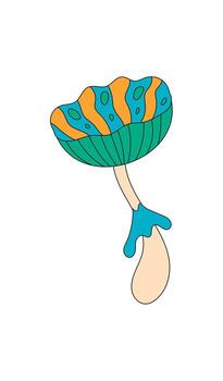 Groovy psychedelic mushroom sticker cartoon patch in a retro and trippy style. Colorful magic shroom stands as a unique groovy element. Great for retro pop fun uses. vector