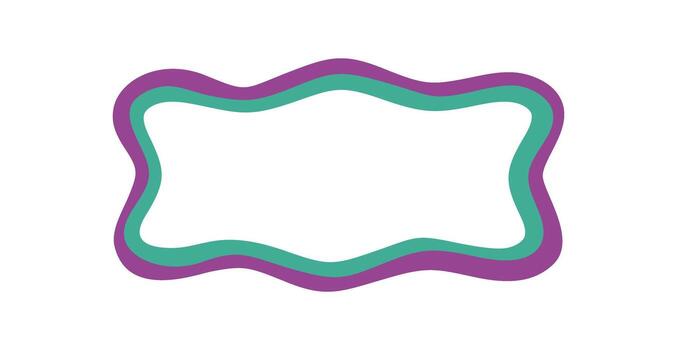 Groovy retro wavy rectangle doodle frame with purple and green outline forms funky border element. Y2k graphic background highlights bold abstract shape and creative retro accent. vector