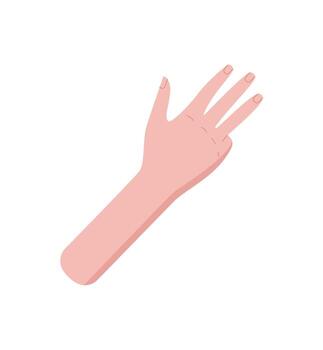 Flat style hand gesture with four fingers up sticker. Bare palm and wrist express the number four in a clear pose. Minimal signal concept, perfect for counting visuals and educational materials. vector
