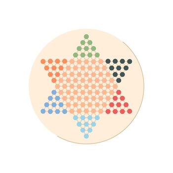 Flat Chinese checkers board game with colorful pawns on a hexagonal board. Classic childhood game perfect for recreation and fun at table. Ideal for family leisure, strategy hobbies, or skill vector