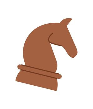 Flat wooden chess board piece. Knight pawn shaped like horse for strategy and play. Classic boardgame element on table for game enthusiasts, simple and graphic style, perfect leisure, recreation, vector