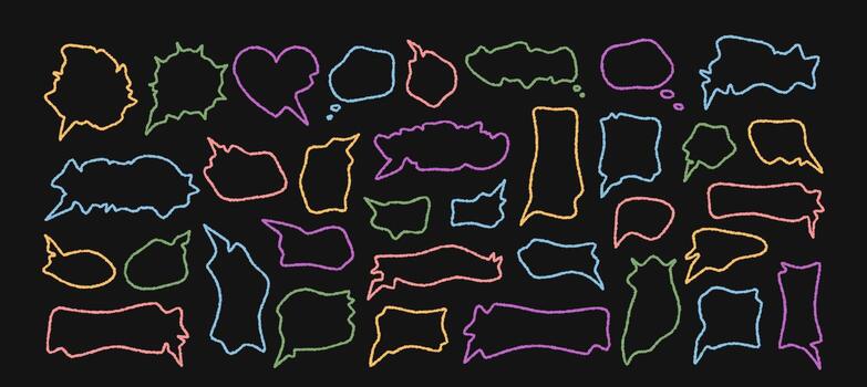 Wavy chalk outline balloon set with chat, bubble and cloud forms on black background. Speech box and round talk banner add playful outline dialogue accent to any communication or comic template. vector