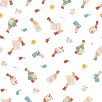 Mail seamless pattern with letter, card, envelope, paper, note, hand, message, flat background. Seamless mail letter illustration with hand hold envelope and card, background paper, message in flat vector