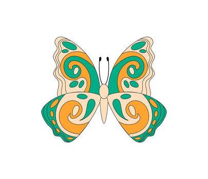 Groovy retro butterfly cartoon in psychedelic style and swirl pattern sticker. Funky orange, colorful y2k sticker as groovy element with playful vibe and vibrant design. Ideal for creative pop art vector