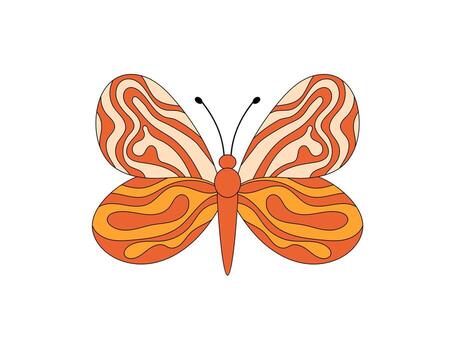 Groovy retro butterfly in cartoon graphic style with playful abstract wavy orange and funky psychedelic shapes sticker. Y2k sticker design as a creative groovy element, perfect for trendy decorative vector